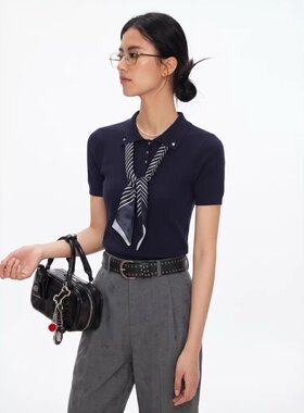 藏蓝色polo领正肩针织短袖t恤女夏季丝巾装饰修身显瘦百搭小上衣