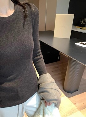 深灰色圆领打底衫女内搭毛衣高级感秋冬季正肩修身针织衫长袖上衣
