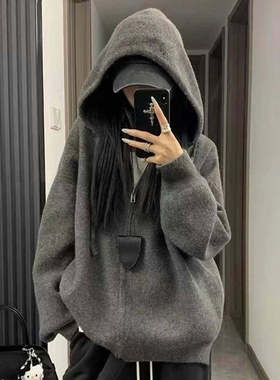 韩系巨好看灰色高级感连帽毛衣外套女秋冬慵懒厚拉链针织卫衣开衫