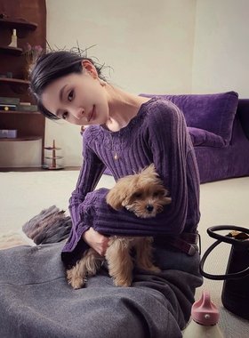 紫色镂空一字肩修身针织衫女秋冬绝美巨好看内搭毛衣打底气质上衣