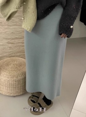 老钱风蓝色针织高腰毛呢半身裙女秋冬直筒包臀裙a字羊绒一步裙子