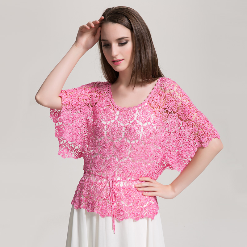 细柳夏季新款手工冰丝镂空薄款蝙蝠针织衫短款钩花套头女罩衫上衣