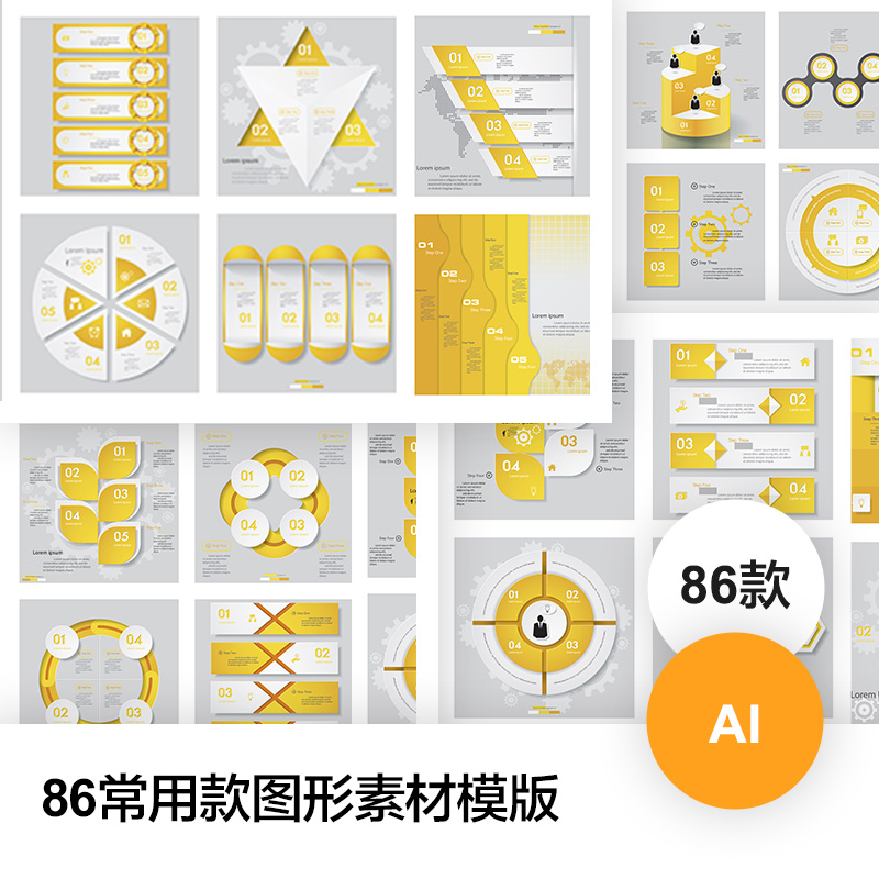 黄色简约常用图形时间轴步骤流程环形可视化图海报PPT素材AI模版