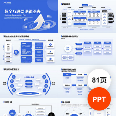 蓝色互联网年终总结述职报告工作汇报解决方案逻辑流程图PPT模板