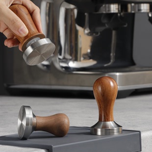 不锈钢压粉锤58mm半自动咖啡机螺纹底填压器木柄咖啡机恒力压粉锤