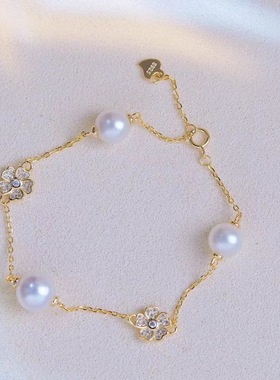 s925纯银多珠手链 diy手工饰品全孔珍珠手饰弹簧扣爱心尾链延长款