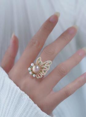 s925纯银戒指环 银饰多珠蝴蝶可调节珍珠戒指托DIY手工制作银空托