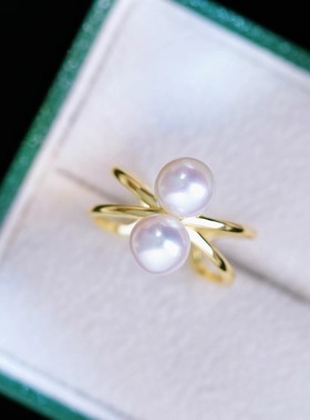 s925纯银戒指环 银饰开口双珠可调节珍珠戒指托DIY手工制作银配件