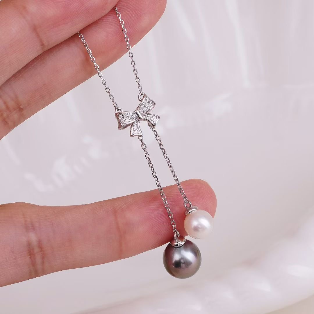 珍珠吊坠 s925纯银含项链 蝴蝶结配件套链 diy项坠空托手工饰品