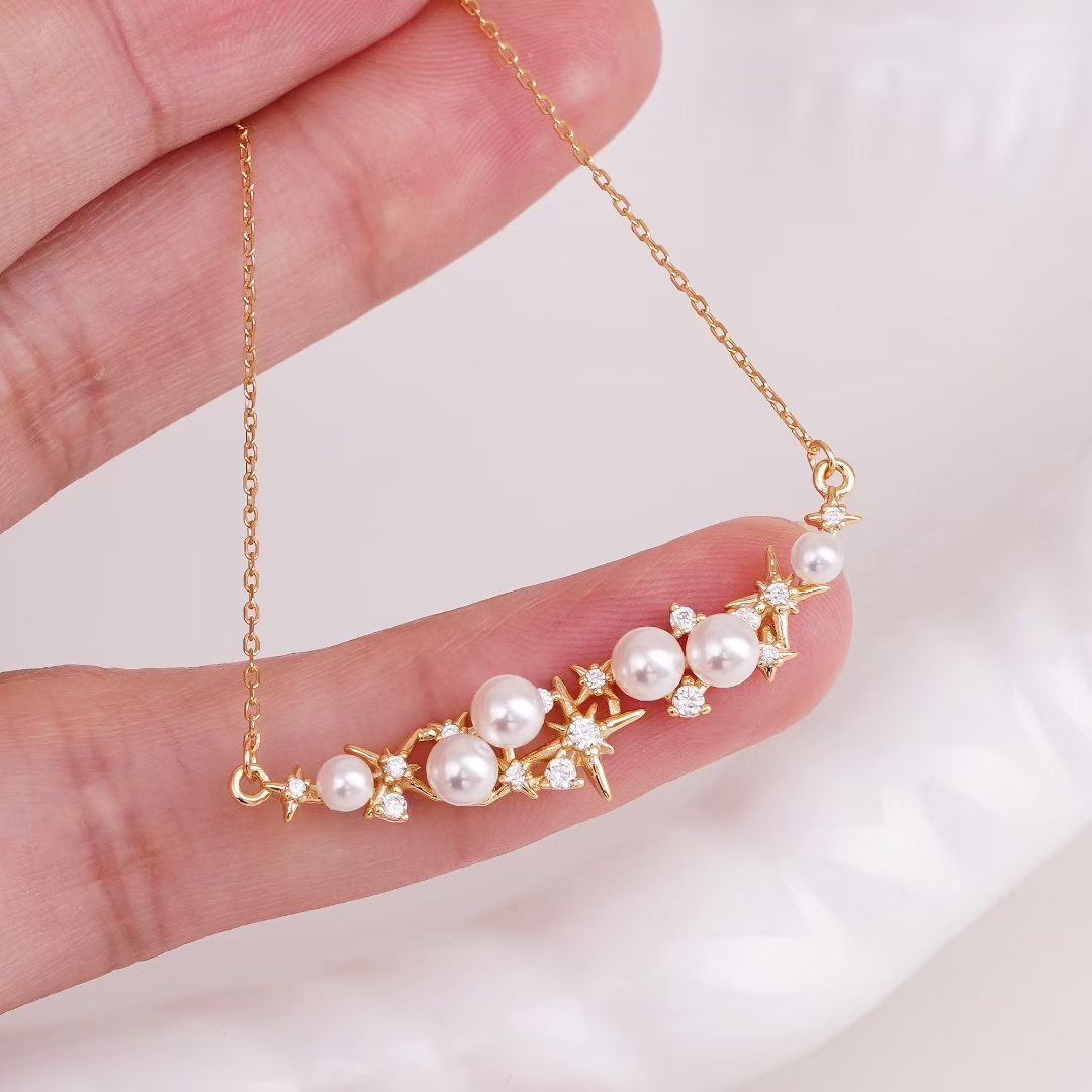 珍珠吊坠 s925纯银含项链 多珠星星配件套链 diy项坠空托手工饰品