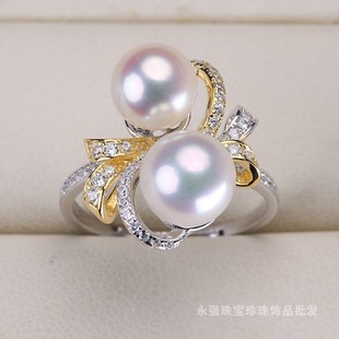 DIY配件 S925纯银开口双色双珠可调节珍珠戒指空托半成品手工制作