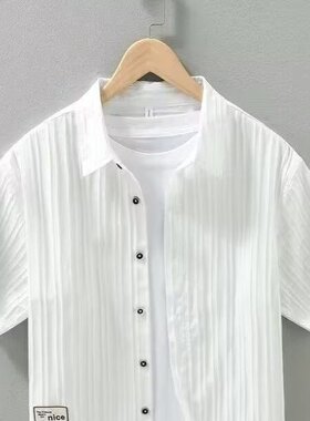 清仓捡漏男士冰丝衬衫短袖夏季潮牌痞帅高级感竖条纹薄款休闲衬衣