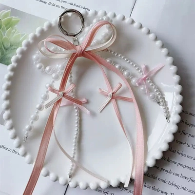 新款大蝴蝶结飘带丝带钥匙扣装饰女手工珍珠手机链包挂件吊坠挂饰
