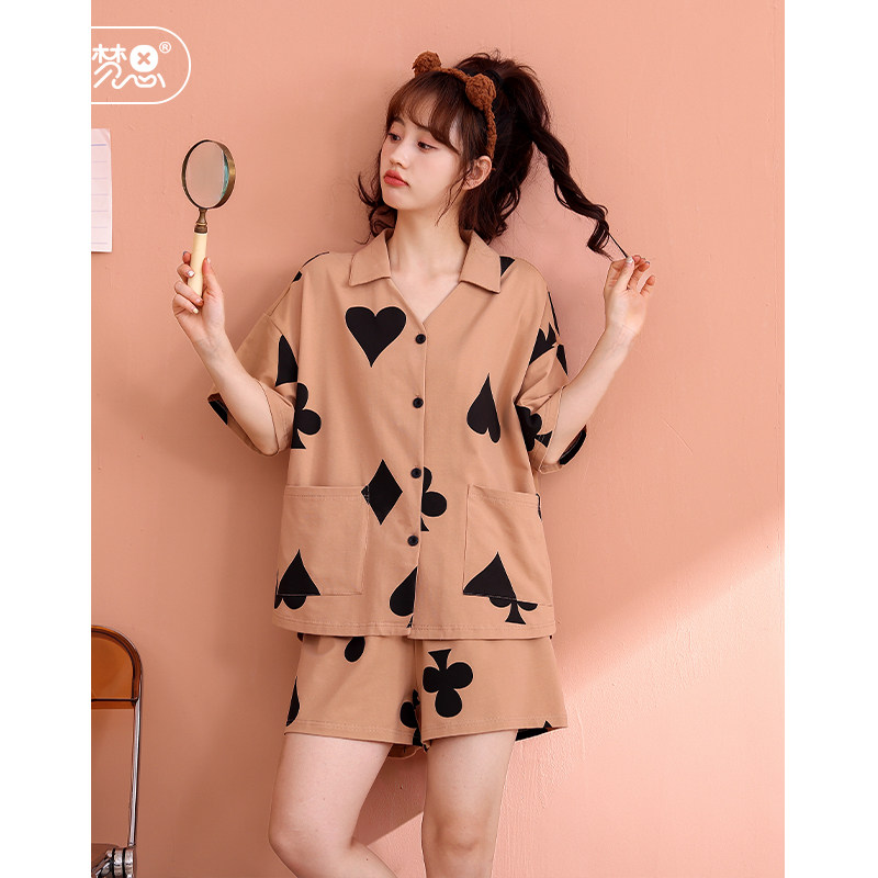 黛梦思2023年新款睡衣女夏季纯棉短袖短裤家居服甜美女士开衫套装