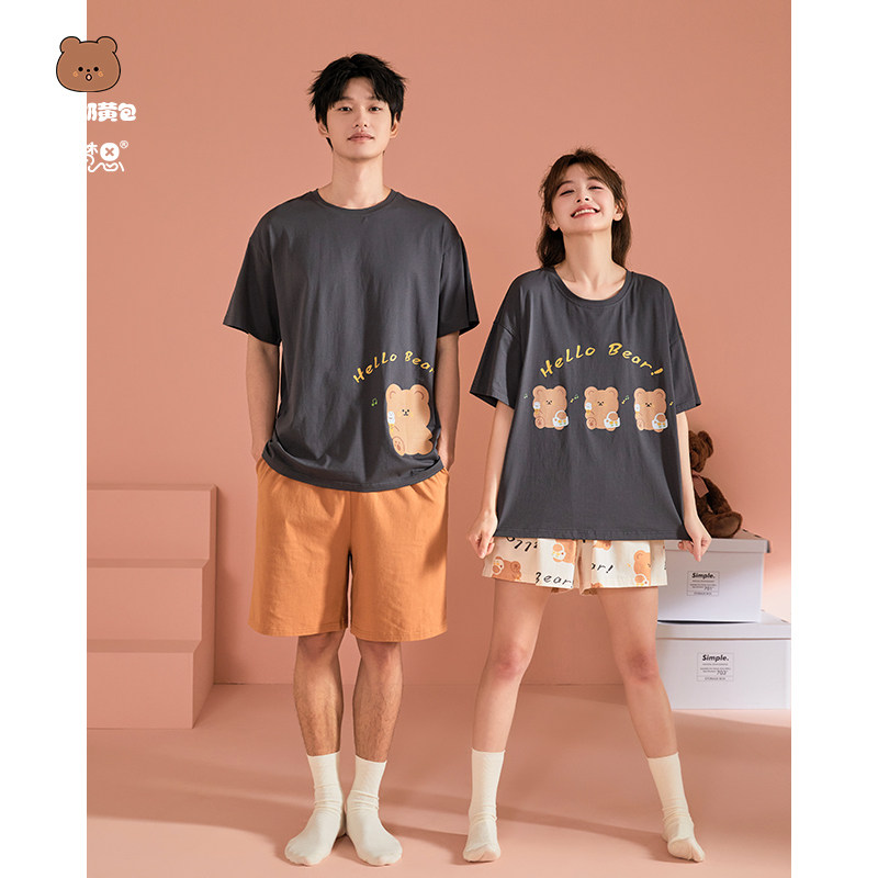 黛梦思可爱情侣睡衣夏天女纯棉短袖家居服男卡通薄款小熊套装夏季
