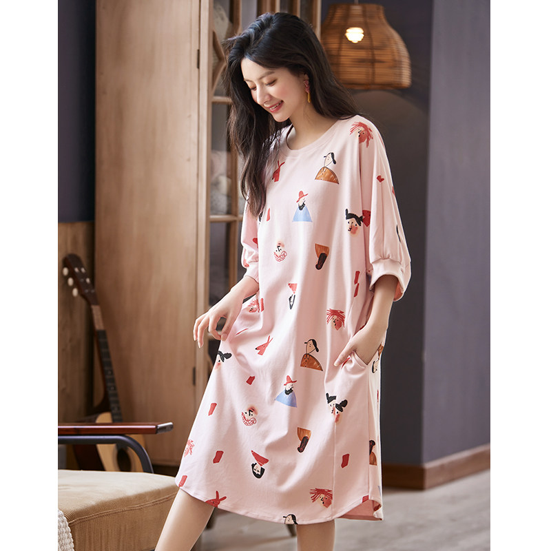 黛梦思睡裙女夏纯棉短袖可爱粉色睡衣夏季薄款宽松卡通少女家居服