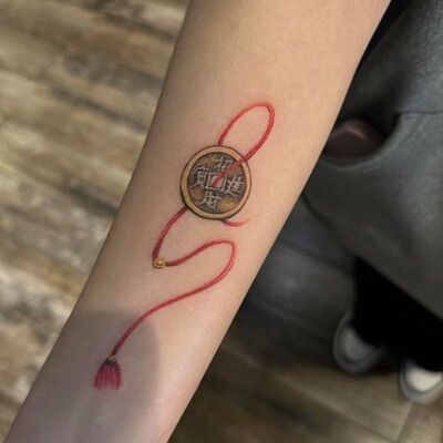 新年招财进宝红绳招财铜钱彩色纹身贴国风个性男女手臂彩绘