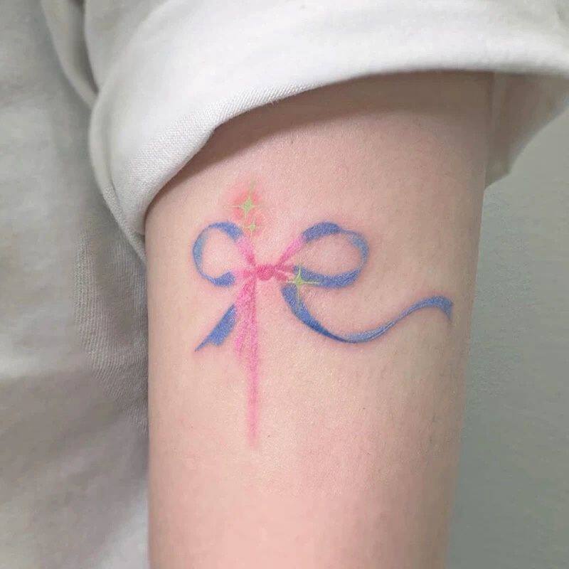 可爱粉色蝴蝶结纹身贴手绘卡通风格彩色纹身贴纸手臂防水 女 持久