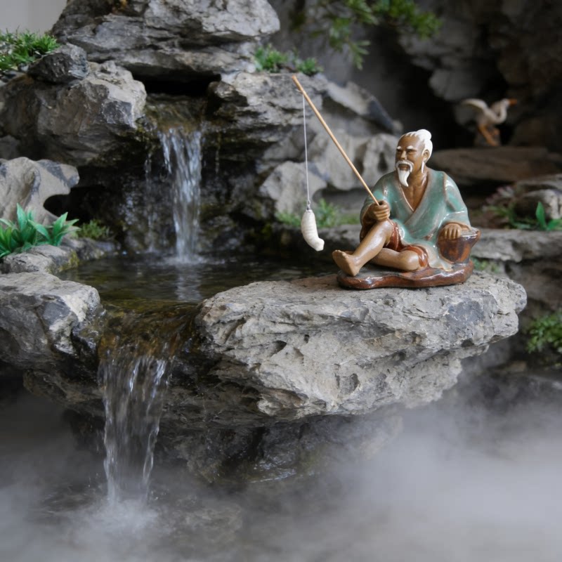 高13cm姜太公钓鱼造景陶瓷摆件跶渔假山吸水石盆景鱼池装饰工艺品