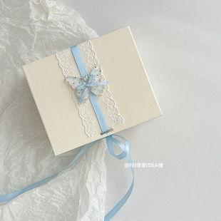 蓝色蝴蝶磁吸礼盒小众精致国风翻盖盒ins生日口红发饰礼物包装 盒