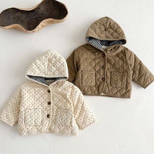 ins儿童棉服冬季婴儿男女宝宝圆点灯芯绒夹棉连帽开衫棉衣外套1岁