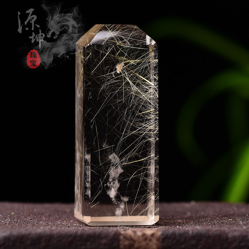 源坤珠宝新品天然水晶印章金发晶白幽灵俏色男款挂件吊坠免费刻字