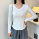 修身 白色V领鱼骨长袖 t恤女春秋内搭弧形下摆打底衫 正肩显瘦上衣潮