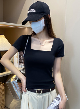纯棉方领短袖t恤女春夏