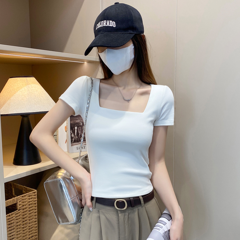 纯棉白色方领短袖t恤女春夏低领修身露锁骨打底衫内搭紧身u领上衣