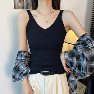 黑色V领一体式吊带背心女夏季内搭修身带胸垫美背外穿打底上衣潮
