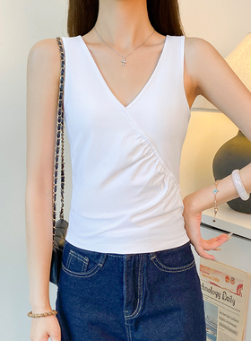 白色V领褶皱拼接吊带背心女夏季内搭修身设计感外穿无袖显瘦上衣
