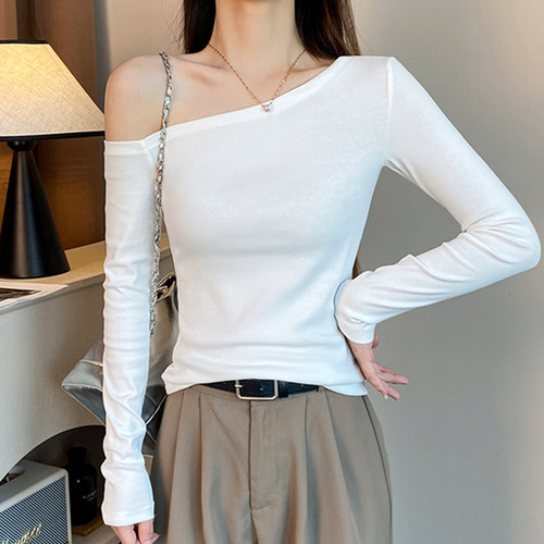 斜露肩长袖t恤女春秋打底衫