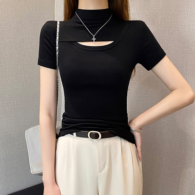 螺纹半高领镂空短袖t恤女