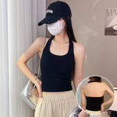 黑色挂脖吊带背心女春夏短款 内搭外穿美背内衣一体式 带胸垫上衣潮