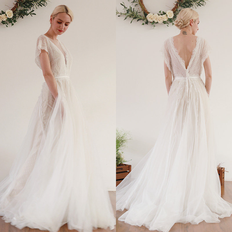 原创设计品牌清新优雅简约蝙蝠袖森系草坪旅拍轻婚纱迎宾仙礼服