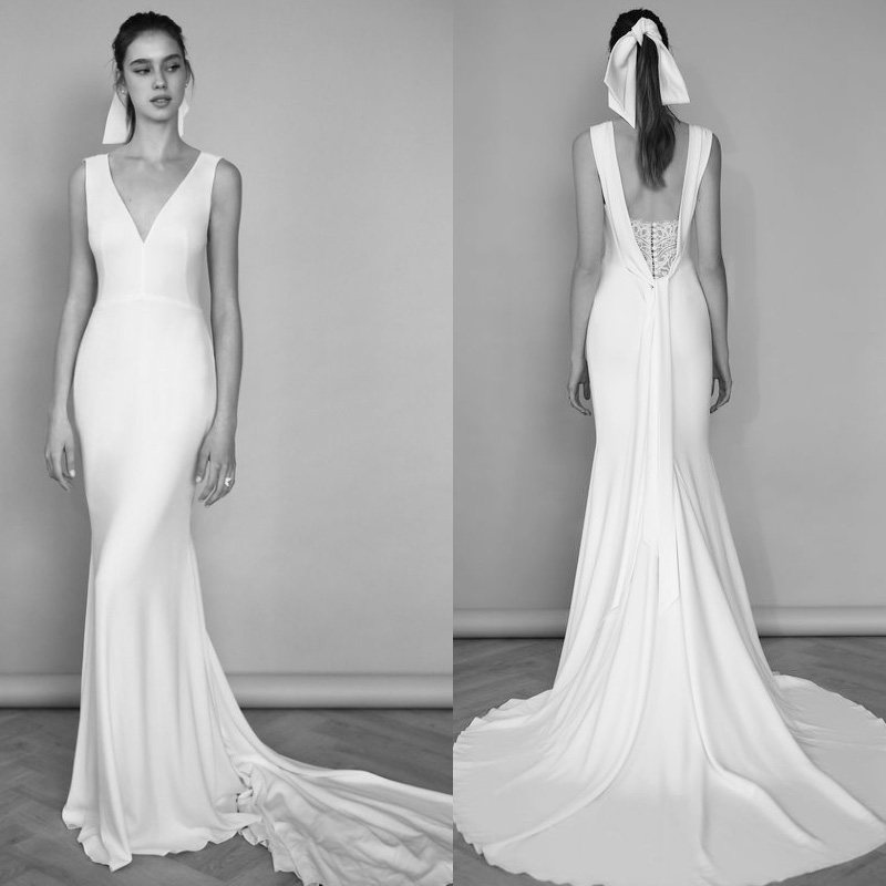 安妮原创设计师品牌法式简约优雅v领缎面修身婚礼礼服白色轻婚纱