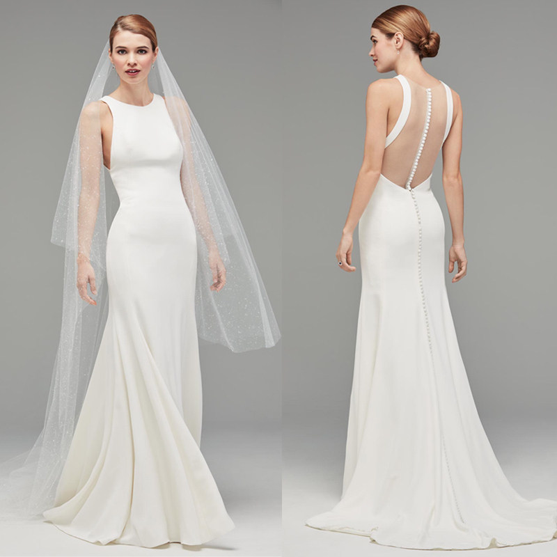 欧美简约优雅性感露背进口意大利缎修身鱼尾轻便旅拍婚纱礼服