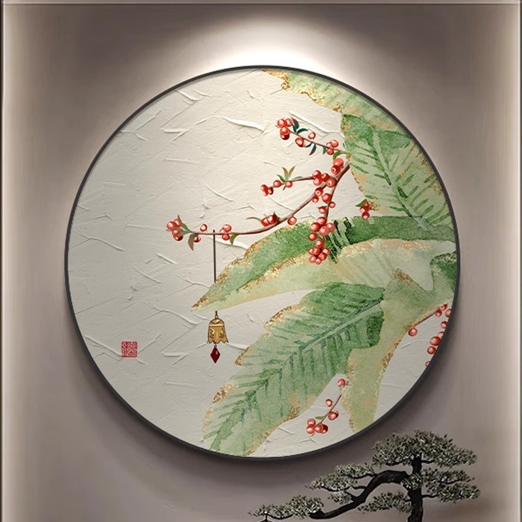 荷花圆形装饰画新中式入户玄关挂画客厅肌理餐厅壁画禅意茶室墙画图片