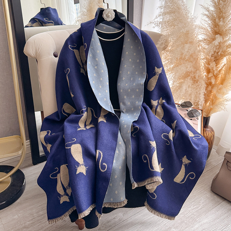 双面撞色可爱甜美猫咪仿羊绒围巾披肩女生学院风冬季御寒户外围脖