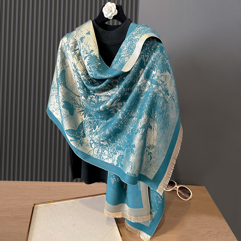 秋冬双面仿羊绒水墨蝴蝶飞舞素雅加厚保暖围巾空调房护颈披肩外搭