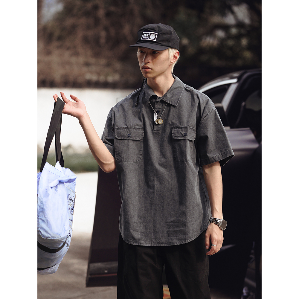 ollie snap男装2025新款复古日系套头工装短袖衬衫宽松纯棉衬衣潮