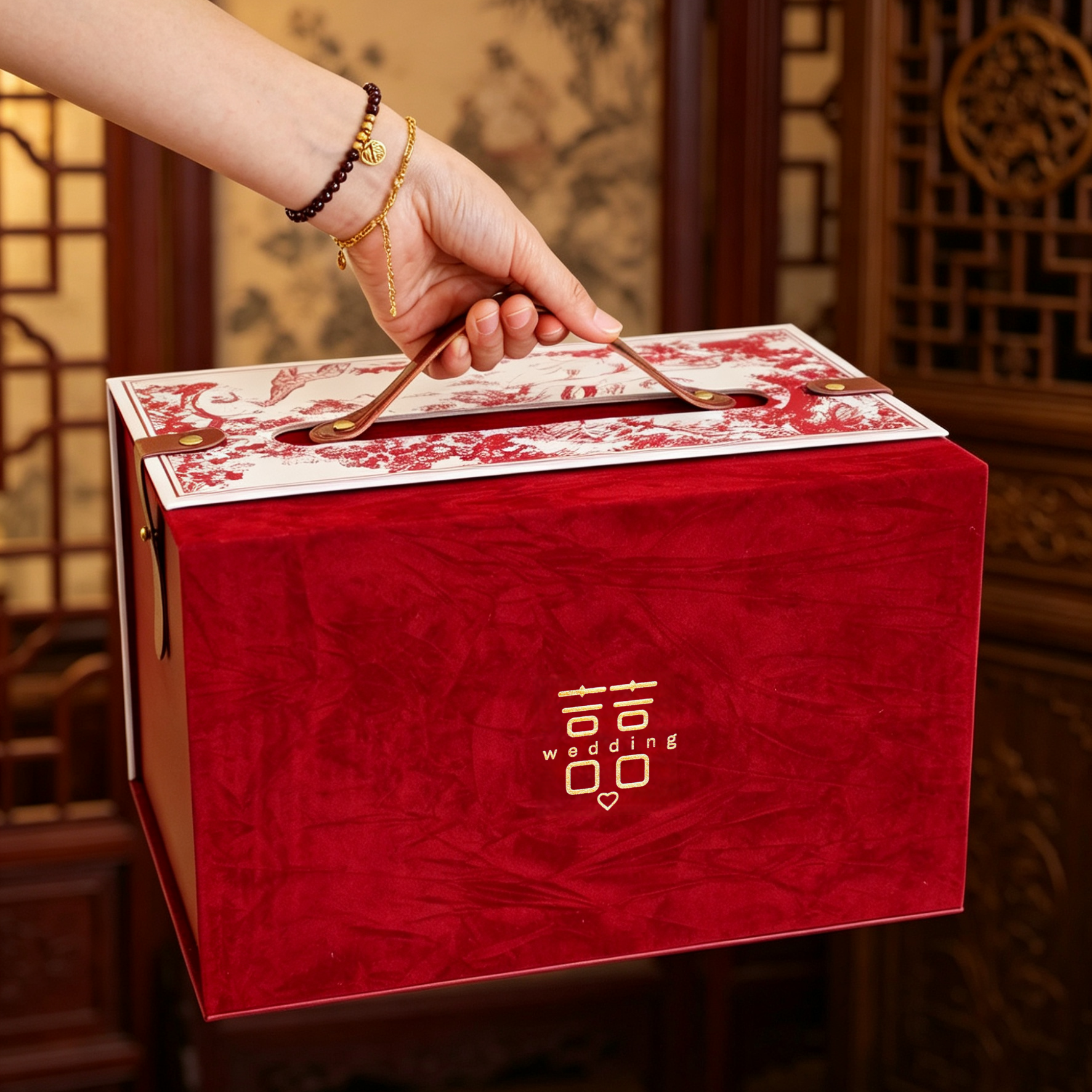 新中式结婚订婚丝绒皮革手提礼盒两层抽屉式特大伴手礼空盒子