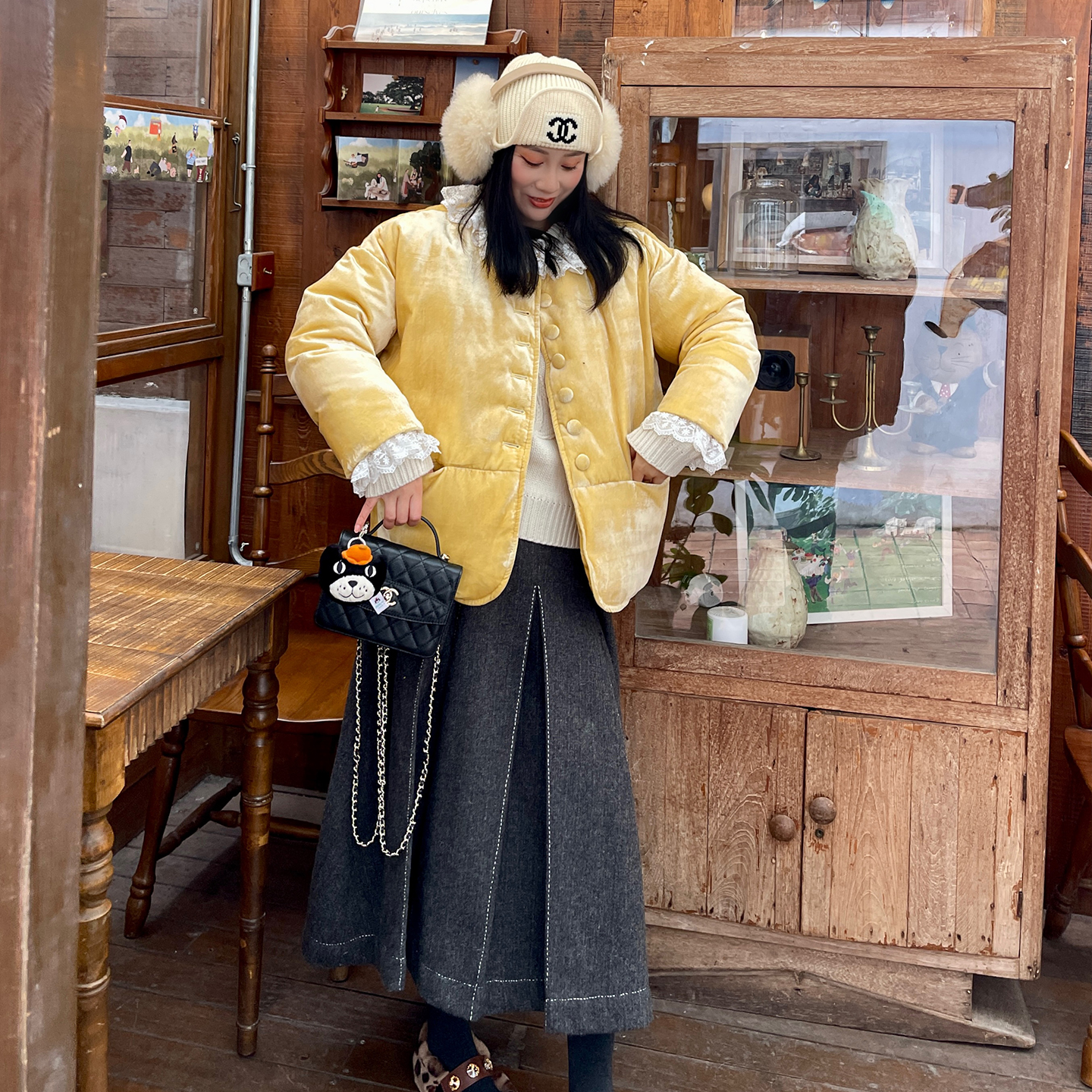 heidy100%羊毛半身裙珠边裙子