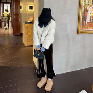 松紧腰打底保暖裤 heidy海蒂 9分裤 宽松冬季 子 深咖色荷叶边丝绒裤