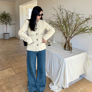 米色羊毛粗花呢收腰小香风外套女单排扣显瘦短款 heidy海蒂 上衣