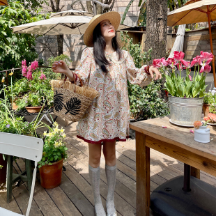 heidy海蒂 亚麻棉复古印花娃娃领连衣裙2026春宽松长袖碎花短裙子