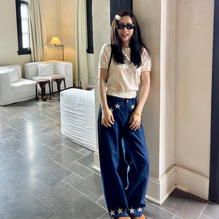 阔腿 刺绣牛仔裤 heidy海蒂 春夏新品