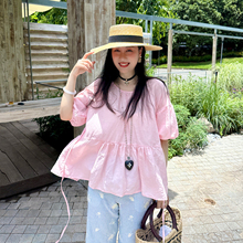 heidy海蒂 天丝苎麻粉色宽松圆领娃娃衫上衣女夏日衬衫短袖