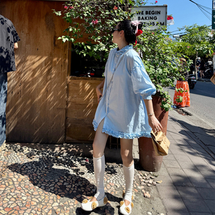 heidy海蒂 秋日风铃 亚麻棉蓝色木耳边长袖连衣裙秋季花朵衬衫裙