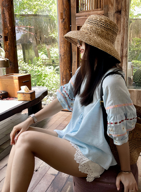 heidy海蒂 大理海边 天丝亚麻色织蓝色刺绣短袖上衣女宽松衬衫女